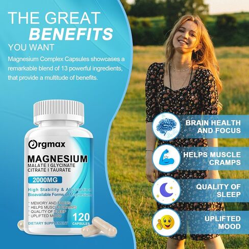 مكمل مركب ثلاثي المغنيسيوم - مع جليسينات المغنيسيوم 500 مجم، مالات، سيترات وتورات - 13 في 1 تركيبة متقدمة للهدوء والعضلات ودعم الأعصاب والنوم - نباتي وغير معدل وراثيًا in Kuwait