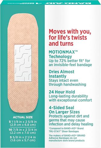 ضمادات لاصقة Skin-Flex من العلامة التجارية Band-Aid للإسعافات الأولية والعناية بالجروح البسيطة والخدوش والحروق، ضمادات مرنة معقمة رائعة للأصابع واليدين والركبتين، أحجام متنوعة، 20 قيراط in Saudi Arabia