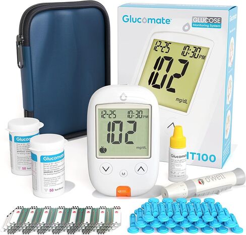 Glucose Monitor Kit - Blood Sugar Test Kit with Blood Glucose Test Strips & Lancets for Diabetes Testing | Glucomate Blood Glucose Monitor Kit includes 1 Blood Sugar Monitor, 100 Diabetic Test Strips, 100 30G Lancets, 1 Lancing Device and Diabetes Testing in Kuwait