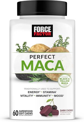 FORCE FACTOR Perfect Maca, Maca Root and DIM Supplement with Saffron to Boost Energy and Mood, with Yellow and Black Maca, Vitamins, Minerals, and Antioxidants, Dark Cherry Flavor, 60 Soft Chews in Saudi Arabia