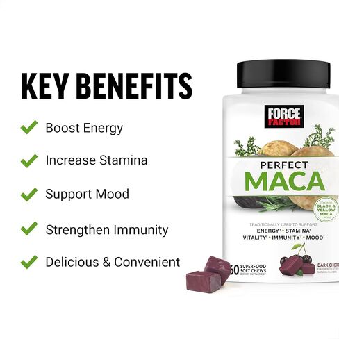 FORCE FACTOR Perfect Maca, Maca Root and DIM Supplement with Saffron to Boost Energy and Mood, with Yellow and Black Maca, Vitamins, Minerals, and Antioxidants, Dark Cherry Flavor, 60 Soft Chews in Saudi Arabia