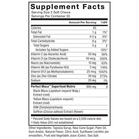 FORCE FACTOR Perfect Maca, Maca Root and DIM Supplement with Saffron to Boost Energy and Mood, with Yellow and Black Maca, Vitamins, Minerals, and Antioxidants, Dark Cherry Flavor, 60 Soft Chews in Saudi Arabia