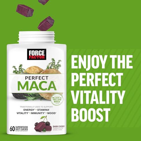 FORCE FACTOR Perfect Maca, Maca Root and DIM Supplement with Saffron to Boost Energy and Mood, with Yellow and Black Maca, Vitamins, Minerals, and Antioxidants, Dark Cherry Flavor, 60 Soft Chews in Saudi Arabia