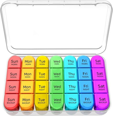 Zoksi Weekly Pill Organizer 4 Times a Day, 7 Day Pill Box, Large Travel Pill Case, Daily Medicine Organizer Container with 28 Portable Compartments for Fish Oils, Vitamins or Supplements (Rainbow) in Kuwait