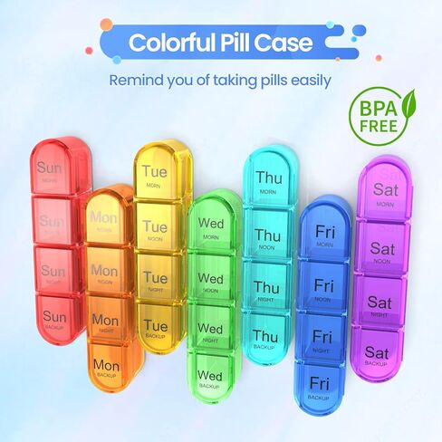 Zoksi Weekly Pill Organizer 4 Times a Day, 7 Day Pill Box, Large Travel Pill Case, Daily Medicine Organizer Container with 28 Portable Compartments for Fish Oils, Vitamins or Supplements (Rainbow) in Kuwait