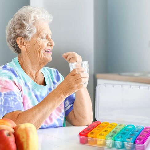 Zoksi Weekly Pill Organizer 4 Times a Day, 7 Day Pill Box, Large Travel Pill Case, Daily Medicine Organizer Container with 28 Portable Compartments for Fish Oils, Vitamins or Supplements (Rainbow) in Kuwait