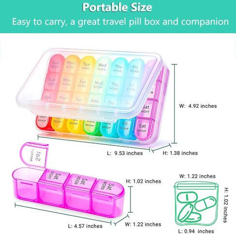 Zoksi Weekly Pill Organizer 4 Times a Day, 7 Day Pill Box, Large Travel Pill Case, Daily Medicine Organizer Container with 28 Portable Compartments for Fish Oils, Vitamins or Supplements (Rainbow) in Kuwait