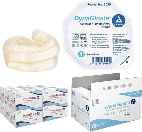 Dynarex DynaGinate Calcium Alginate Wound Dressing - Sterile, Non-Stick Topical Wound Pads - Absorbent Gel Patches for Moderate to High Exuding Cuts - 2g x 30cm, 12 Boxes of 5 in Saudi Arabia