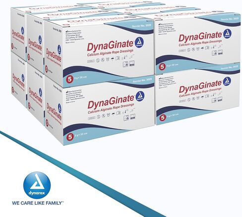 Dynarex DynaGinate Calcium Alginate Wound Dressing - Sterile, Non-Stick Topical Wound Pads - Absorbent Gel Patches for Moderate to High Exuding Cuts - 2g x 30cm, 12 Boxes of 5 in Saudi Arabia