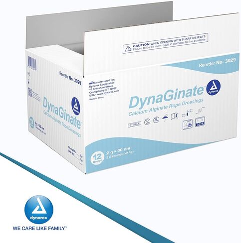 Dynarex DynaGinate Calcium Alginate Wound Dressing - Sterile, Non-Stick Topical Wound Pads - Absorbent Gel Patches for Moderate to High Exuding Cuts - 2g x 30cm, 12 Boxes of 5 in Saudi Arabia