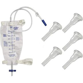 جامع أكياس البول للساق للذكور، 5 قسطرات للواقي الذكري، ذاتية الغلق 28 مم (متوسط)، حقيبة ساق ممتازة 750 مل، أنابيب تمديد PVC 30 بوصة، أشرطة أنابيب وتصريف سريع وسهل in Kuwait