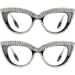 FUPRECIOUS Cat Eye Reading Glasses Womens Bling Rhinestone Magnified Blue Light Blocking Reader Glasses