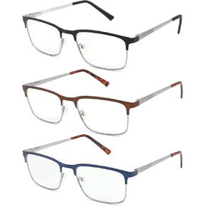 3 Pack Fashion Metal Full Frame Reading Glasses for Men, Mens Computer Readers with Comfort Spring Hinges Anti Glare Uv Ray Filter Eyeglasses (+1.0 Strength)