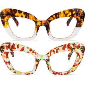 KoKoBin Oversized Thick Cat Eye Reading Glasses,2 Pack Ladies Fashion Spring Hinges Blue Light Blocker Readers