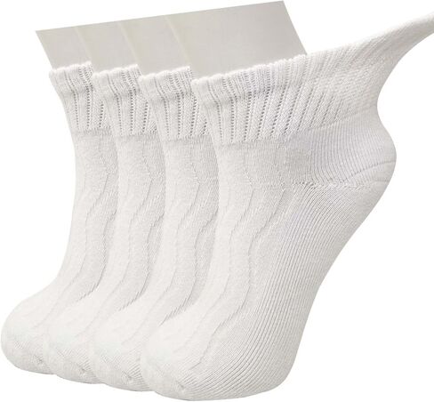 جوارب LIN PERFORMANCE للسيدات غير مربوطة للكاحل لمرضى السكري، مقدمة بدون خياطة، وسادة ناعمة، جزء علوي فضفاض، 4 أزواج (9-11، أبيض) in Kuwait