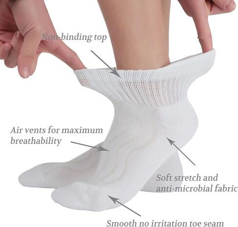 جوارب LIN PERFORMANCE للسيدات غير مربوطة للكاحل لمرضى السكري، مقدمة بدون خياطة، وسادة ناعمة، جزء علوي فضفاض، 4 أزواج (9-11، أبيض) in Kuwait