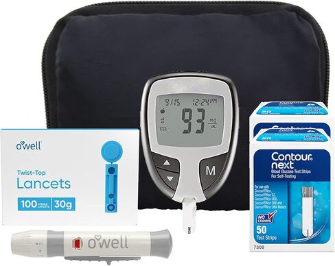 O Well Contour NEXT EZ Diabetes Testing Kit, Contour NEXT EZ Blood Glucose Meter, 100 Contour NEXT Blood Glucose Test Strips, 100 O'WELL Lancets, O'WELL Lancing Device, LogBook and Carry Case in Kuwait