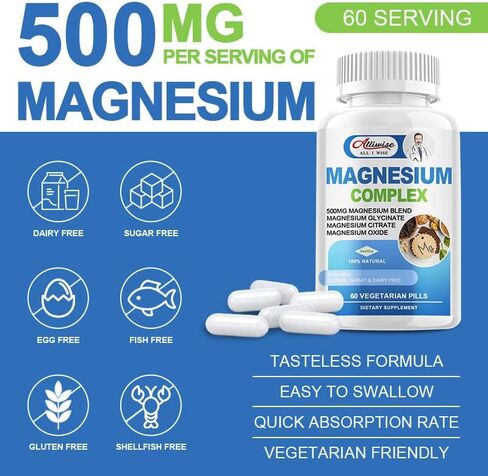Triple Complex Magnesium Supplment, 3X High Absorption Pure Magnesium 500mg Complex with Magnesium Glycinate, Citrate, Oxide, Chelated Magnesium Supplement for Women and Men, Non-GMO and Gluten Free in Kuwait