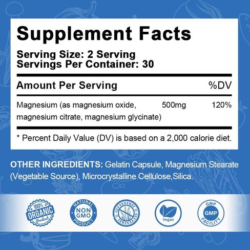 Triple Complex Magnesium Supplment, 3X High Absorption Pure Magnesium 500mg Complex with Magnesium Glycinate, Citrate, Oxide, Chelated Magnesium Supplement for Women and Men, Non-GMO and Gluten Free in Kuwait