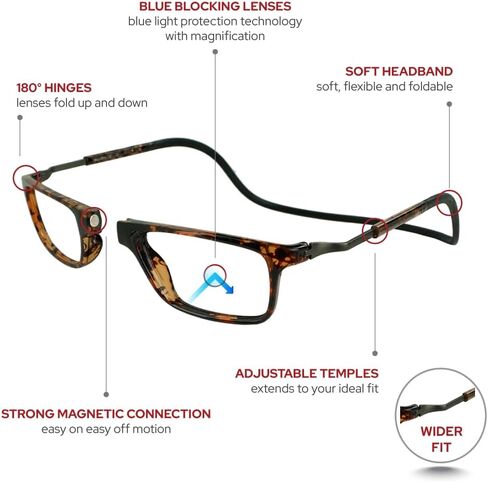 نظارات القراءة المغناطيسية Clic Blue Light Blocking من Slastik، شريط ناعم قابل للطي، قارئ كمبيوتر Adj Temple، Bodo (XL-XXL) in Kuwait