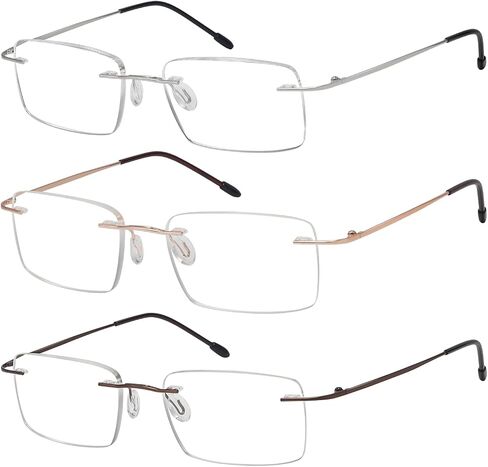 Eyekepper 3-Pack Rimless Metal Reading Glasses for Men - Rectangle Frameless Readers (Black/Blue/Gunmetal)+0.00 in Kuwait