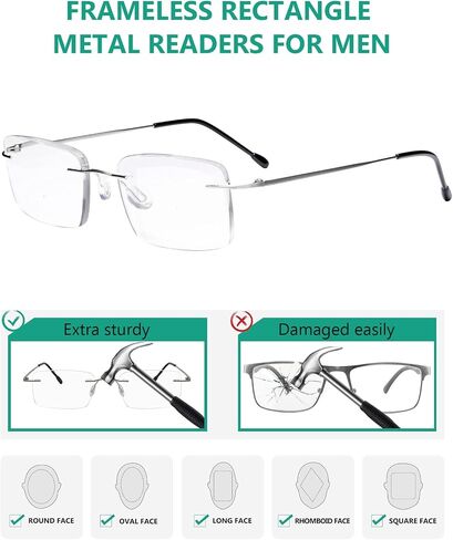 Eyekepper 3-Pack Rimless Metal Reading Glasses for Men - Rectangle Frameless Readers (Black/Blue/Gunmetal)+0.00 in Kuwait
