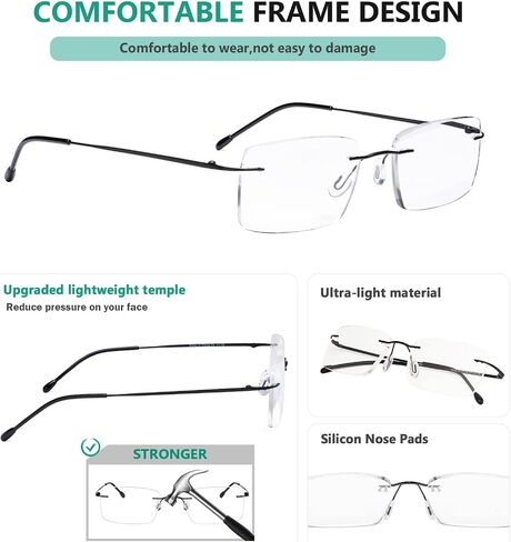 Eyekepper 3-Pack Rimless Metal Reading Glasses for Men - Rectangle Frameless Readers (Black/Blue/Gunmetal)+0.00 in Kuwait