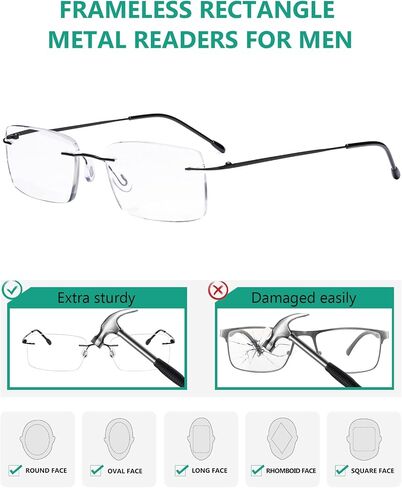 Eyekepper 3-Pack Rimless Metal Reading Glasses for Men - Rectangle Frameless Readers (Black/Blue/Gunmetal)+0.00 in Kuwait