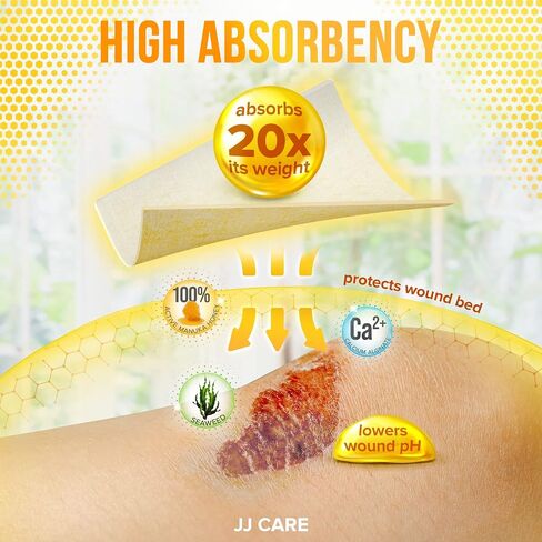 ضمادة ألجينات الكالسيوم والعسل من JJ CARE [عبوة من 10]، وسادات للعناية بالجروح بعسل مانوكا 2 × 2، رقع عسل طبية من الدرجة الطبية، تضميد جروح خالية من اللاتكس، معقمة ومعبأة بشكل فردي in Saudi Arabia