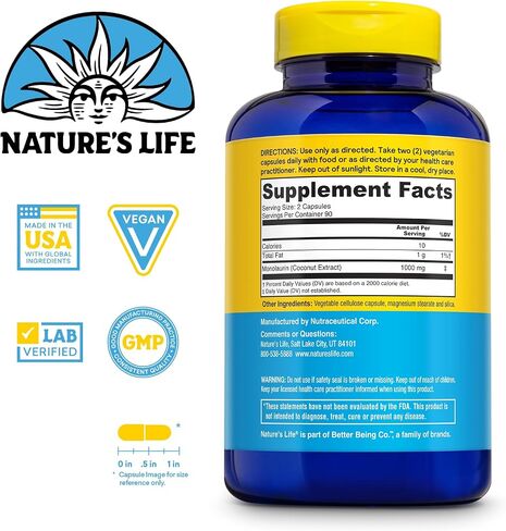 Nature's Life Monolaurin Capsules, 1000 mg | Vegetarian | Support for Healthy Immune Function & Digestion | Derived from Raw Coconuts | Optimal Wellness Benefits | 180 ct in Kuwait