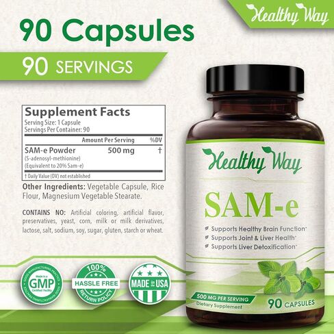 Healthy Way Pure SAM-e 500mg 90 كبسولة (S-Adenosyl Methionine) يدعم الصحة ووظيفة الدماغ، غير معدل وراثيًا، صنع في الولايات المتحدة الأمريكية in Kuwait