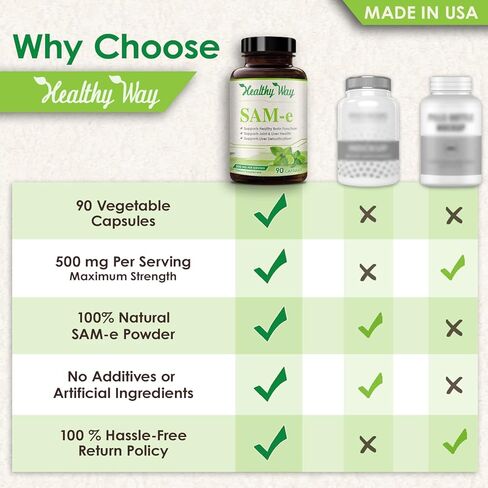 Healthy Way Pure SAM-e 500mg 90 كبسولة (S-Adenosyl Methionine) يدعم الصحة ووظيفة الدماغ، غير معدل وراثيًا، صنع في الولايات المتحدة الأمريكية in Kuwait