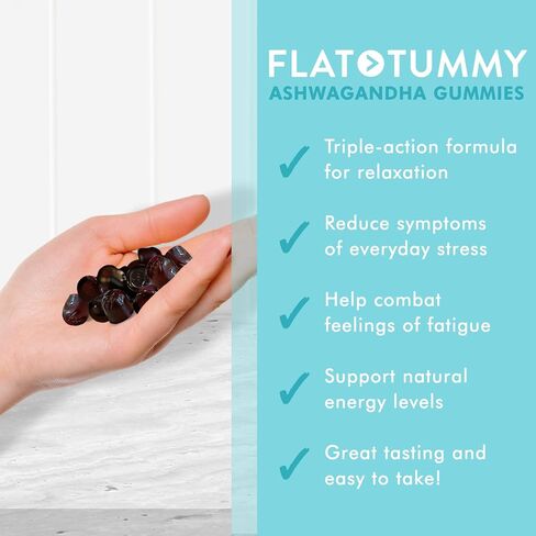 Flat Tummy Tea Ashwagandha Gummies (60 Count) feat. Lemon Balm - Destress,Calm,Natural Energy Vegan,Gluten-Free,Gelatine-Free Made with Clinically Studied Sensorill® for Stress Management in Kuwait