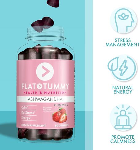 Flat Tummy Tea Ashwagandha Gummies (60 Count) feat. Lemon Balm - Destress,Calm,Natural Energy Vegan,Gluten-Free,Gelatine-Free Made with Clinically Studied Sensorill® for Stress Management in Kuwait