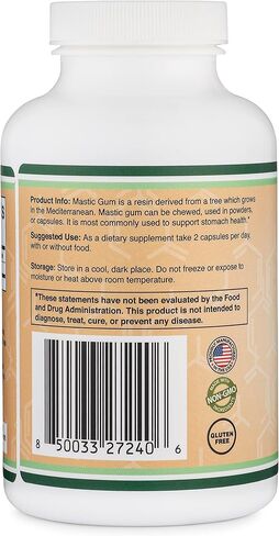 مكملات خشبية مزدوجة كبسولات صمغ المستكة 180 عدد (1000 مجم لكل حصة) كبسولات صمغ مستكة خيوس الأصلية للمعدة والكبد والجهاز الهضمي والدعم العام in Kuwait