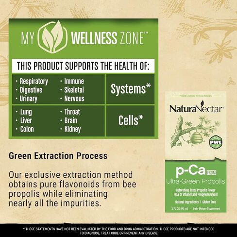 NaturaNectar p-Ca من دنج النحل الأخضر السائل، قطرات - مكمل منشط للذهن - المناعة والتركيز والذاكرة - دنج أخضر برازيلي ممتاز، بدون إيثانول، بدون بروبيلين غليكول، 60 مل. in Kuwait