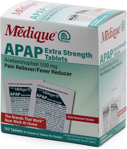 Medique @ Home 70433 Extra Strength APAP Tablets, Non-Aspirin, 50 Packets (2 Tablets per Packet) Total-100 Count in Saudi Arabia