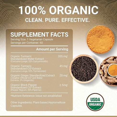 كبسولات الكركم العضوية | الكركم والزنجبيل مع الفلفل الأسود | كبسولات الزنجبيل والكركم العضوية التابعة لوزارة الزراعة الأمريكية | الكركم الكركمين الكركمين العضوي | مكملات الكركم والزنجبيل | 60 حبة in Kuwait