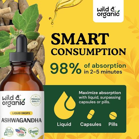 Wild & Organic Ashwagandha Liquid Drops - Ashwagandha Root Tincture for Mood Support and Relaxation - Ashwagandha Liquid Extract Supplement - Vegan, Alcohol-Free - 2 Fl Oz in Kuwait