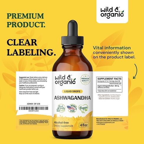 Wild & Organic Ashwagandha Liquid Drops - Ashwagandha Root Tincture for Mood Support and Relaxation - Ashwagandha Liquid Extract Supplement - Vegan, Alcohol-Free - 2 Fl Oz in Kuwait