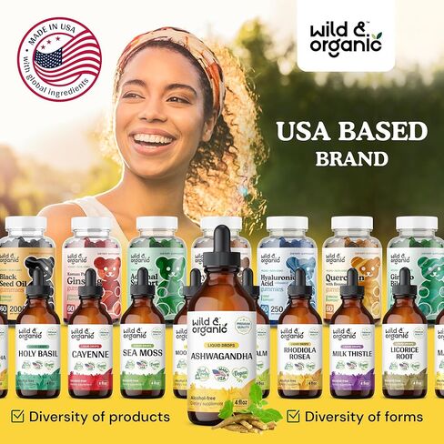 Wild & Organic Ashwagandha Liquid Drops - Ashwagandha Root Tincture for Mood Support and Relaxation - Ashwagandha Liquid Extract Supplement - Vegan, Alcohol-Free - 2 Fl Oz in Kuwait