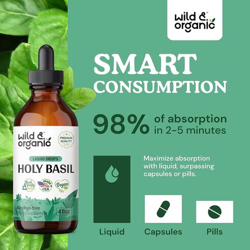 Holy Basil Tincture - Organic Holy Basil Leaf Liquid Extract - Vegan, Alcohol Free Drops Supplement - 2 fl oz in Kuwait