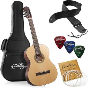 اشثورب جيتار صوتي كلاسيكي كامل الحجم 39 انش، خشب تونوود فاخر مع لمسة نهائية طبيعية كلاسيكية، اوتار نايلون، حقيبة جيغ، حزام، ريشة in Kuwait