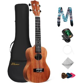 Concert Ukulele, All Solid Mahogany 23inch Ukelele for Adults Kids Beginner with Gig Bag, Digital Tuner, Replacing Strings, 3 Guitar Picks, Strap, Cloth