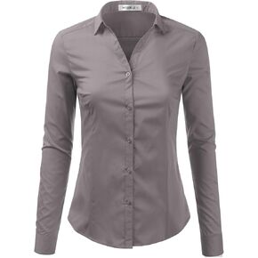 DOUBLJU Basic Slim Fit Long Sleeve Button Down Collared Shirts for Women with Plus Size