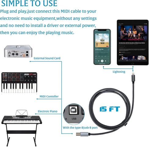 كابل Lightning إلى MIDI كابل USB OTG من النوع B لنماذج iPhone وiPad المحددة لوحدة التحكم Midi، أداة الموسيقى الإلكترونية، لوحة مفاتيح Midi، واجهة تسجيل الصوت، ميكروفون USB (6FT) in Kuwait