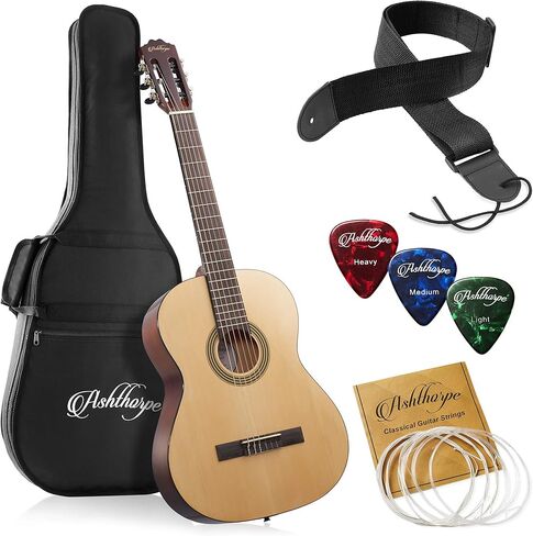 اشثورب جيتار صوتي كلاسيكي كامل الحجم 39 انش، خشب تونوود فاخر مع لمسة نهائية طبيعية كلاسيكية، اوتار نايلون، حقيبة جيغ، حزام، ريشة in Kuwait