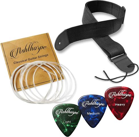اشثورب جيتار صوتي كلاسيكي كامل الحجم 39 انش، خشب تونوود فاخر مع لمسة نهائية طبيعية كلاسيكية، اوتار نايلون، حقيبة جيغ، حزام، ريشة in Kuwait
