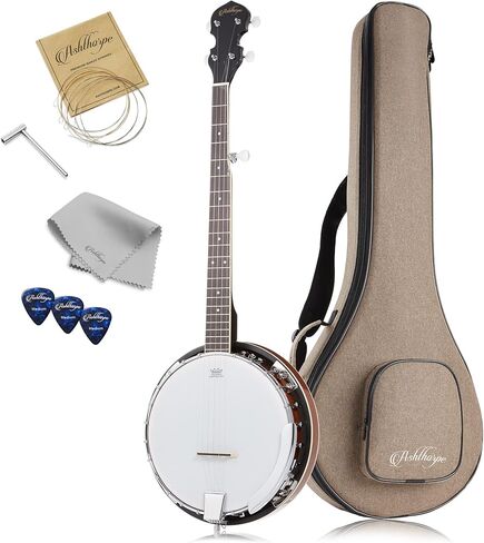 Ashthorpe 5-String Banjo, Left Handed - Full Size with 24 Brackets, Closed Back, Mahogany Resonator, and Geared 5th Tuner in Kuwait