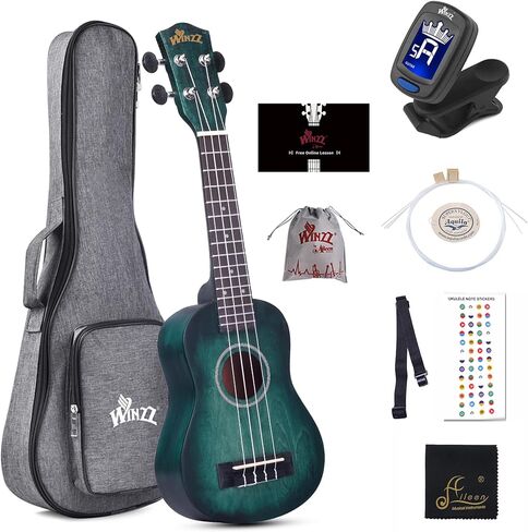 WINZZ HAND RUBBED Series - 21 Inches Soprano Ukulele Vintage Hawaiian Uke with Online Lessons, Bag, Tuner, Strap, Extra Strings, Fingerboard Sticker, Black in Kuwait